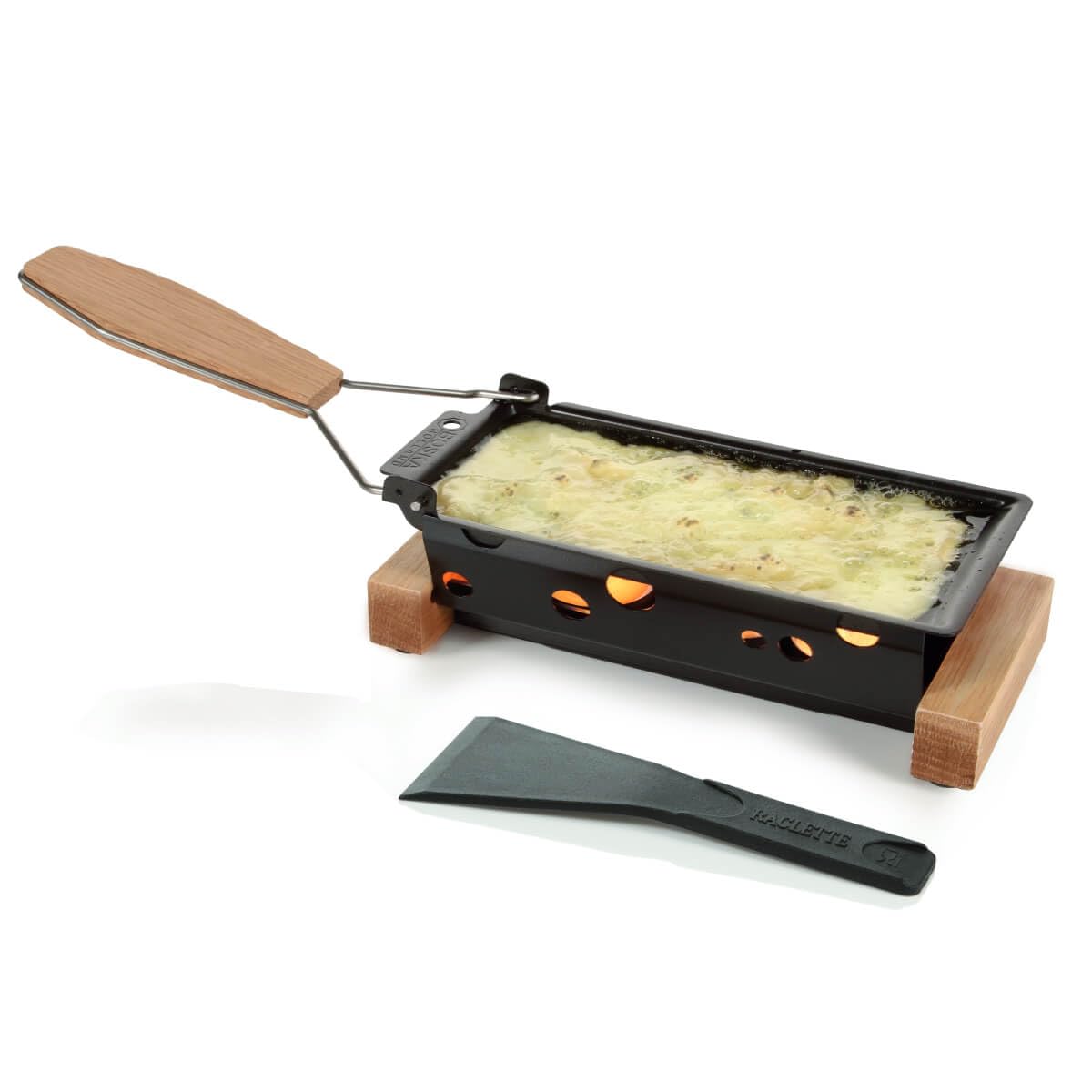BOSKA Raclette Cheese Oslo - Partyclette - Raclette Grill 2 Persons on Teawarmers - Characteristic Wood with Spatula [Complete your Guilty Meals with