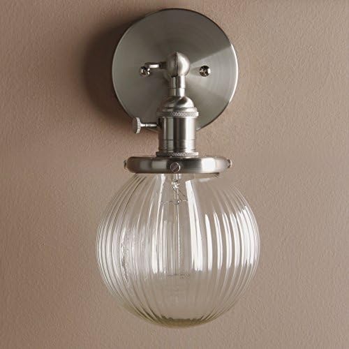 PathsOn 15cm Industrial Modern Vintage Retro Wall Lights, Loft Bar Kitchen Sconce Lights Lamp Fixture with Ribbed Globe Clear Glass Light Shade(Brushed)