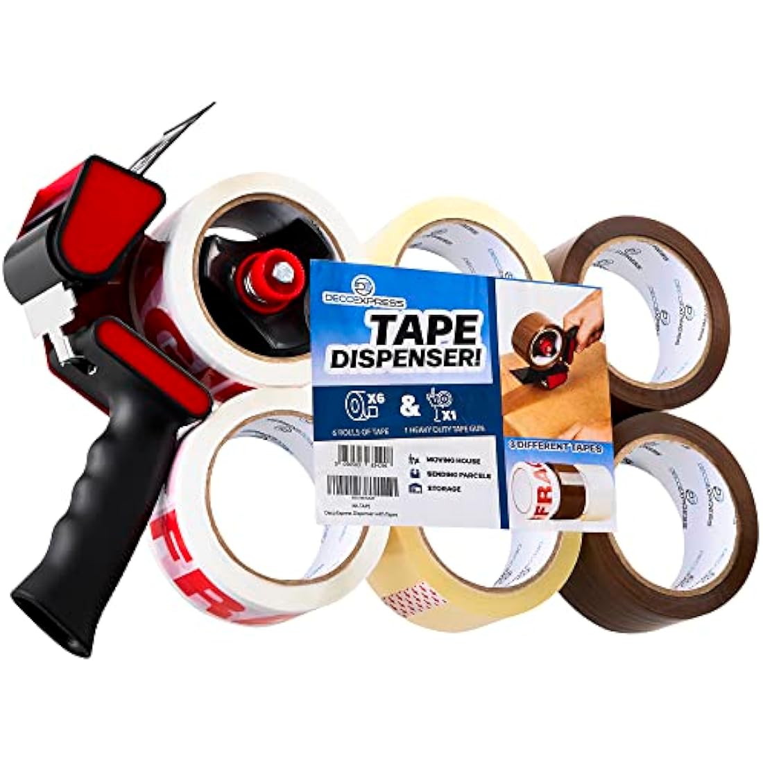 DECO EXPRESS Packaging Tape Dispenser Gun and 6 Rolls Parcel Tape Strong Brown Fragile Clear Heavy Duty for Packing Boxes Moving House Essentials (Dispenser Mixed, 1 Pack)