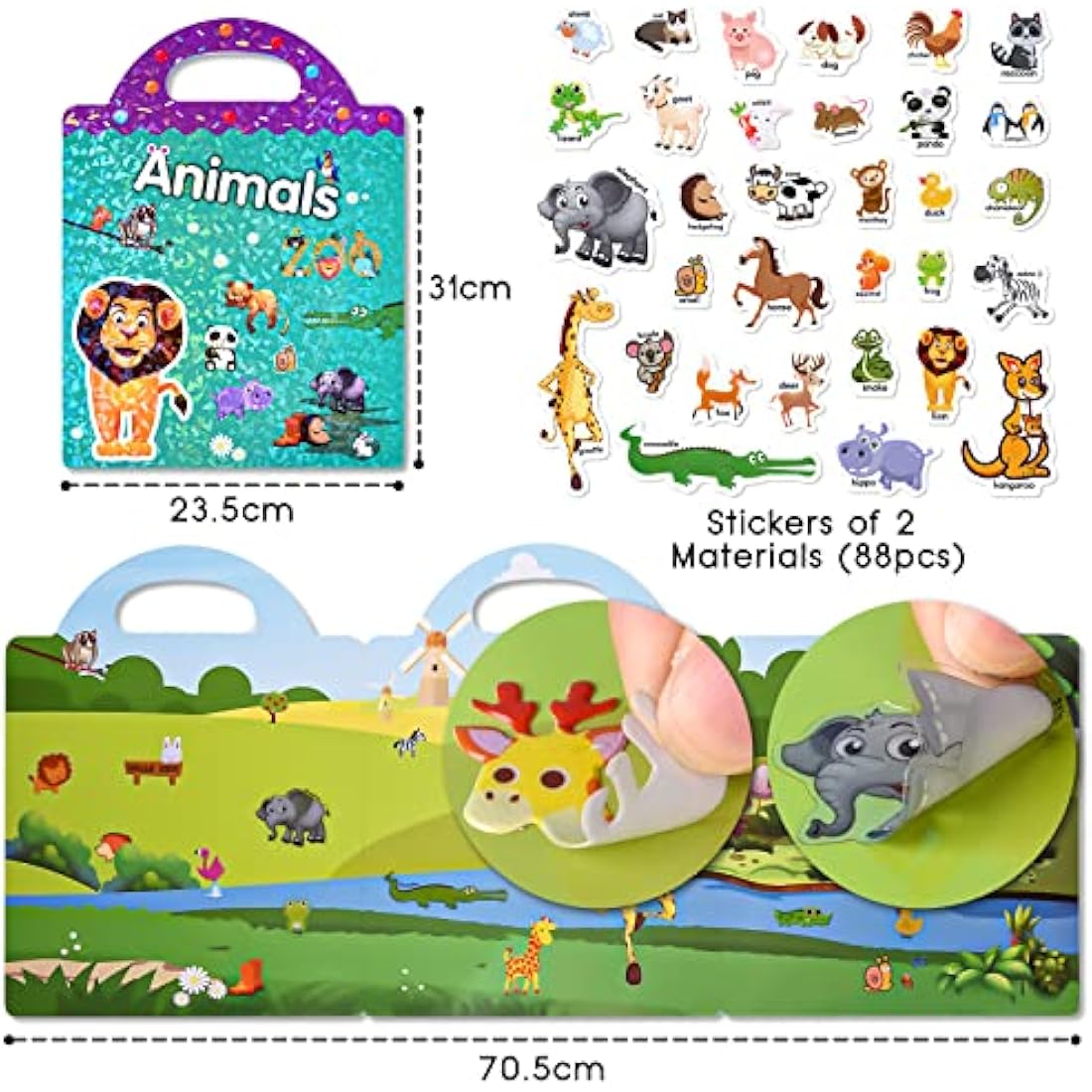 ASTARON 3D Sticker Scenes Book for Kids,88 Pcs Reusable Animals Jelly Stickers for Toddlers, Puffy Sticker Game Educational Sensory Learning Toy, Party Supplies Birthday Gift,4 Fold-Out Choices