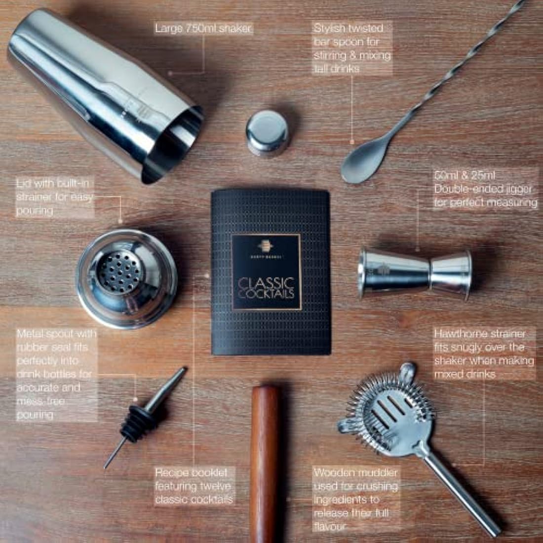 Rusty Barrel Cocktail Making Kit - Beautifully Presented Cocktail Shaker Set - Premium Cocktail Set with Cocktail Shaker and Bar Accessories for Home Pub - Cocktail Gift Set in a Beautiful Gift Box
