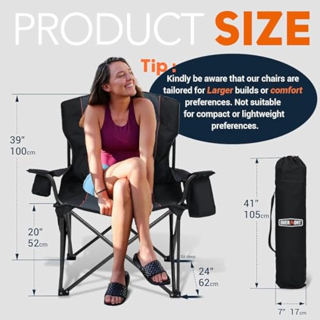 OVERMONT 204kg Oversized Camping Folding Chair for Adults with Cooler Bag & Carry Bag-Heavy Duty Lawn Chair with Cup Holder Support 450 LBS with High Back Comfy for Garden Picnic Beach