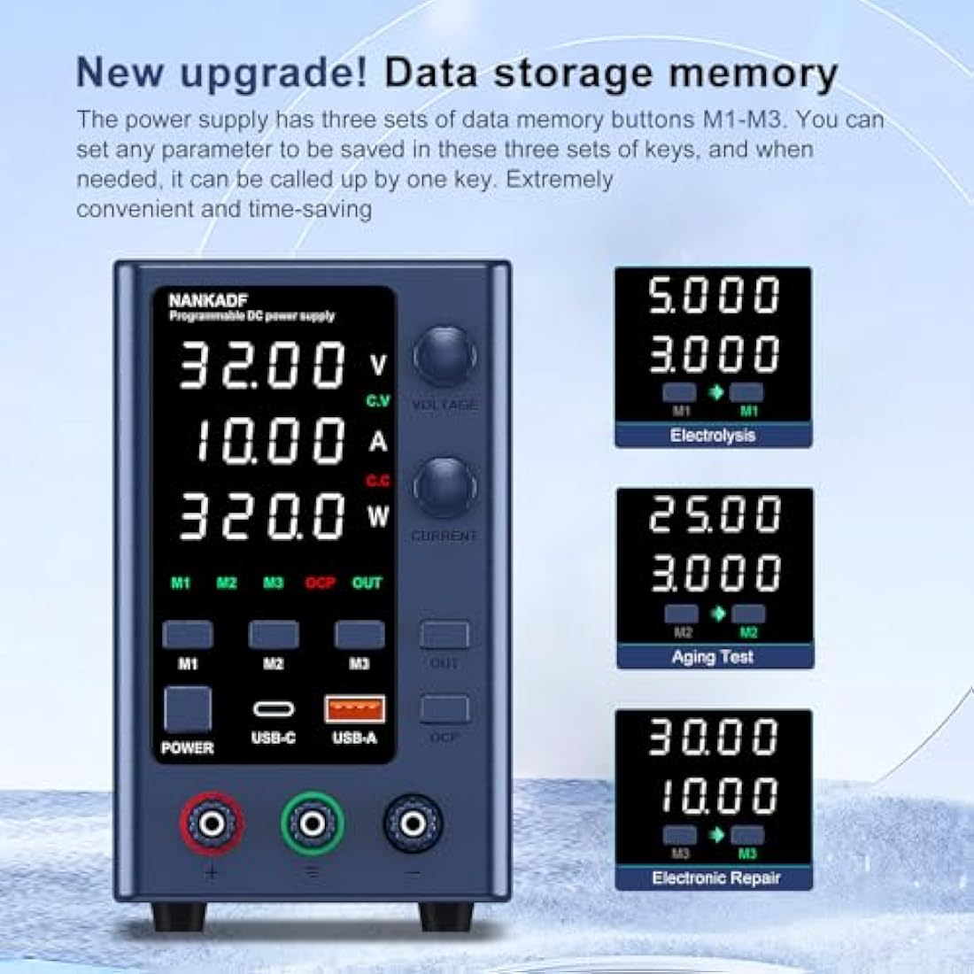 DC Power Supply 0-32V 0-10A, Lab DC Power Supply Variable with Memory Storage, Bench Power Supply with Encoder Adjustment & USB-A/Type-C Fast Charging Interface