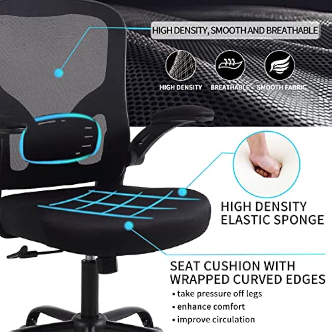 Youhauchair Office Chair, Breathable Mesh Swivel Desk Chair, Lumbar Back Support Ergonomic Office Chair, Computer Chair Office Chairs with Flip-up Armrests, Black