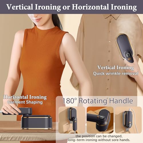 Steam Iron Travel Steamer with LCD Screen, 10S Fast Heat-up 2000W Steamer Clothing with 180 Rotatable Handle, Portable Handheld Clothes Steamer, 3