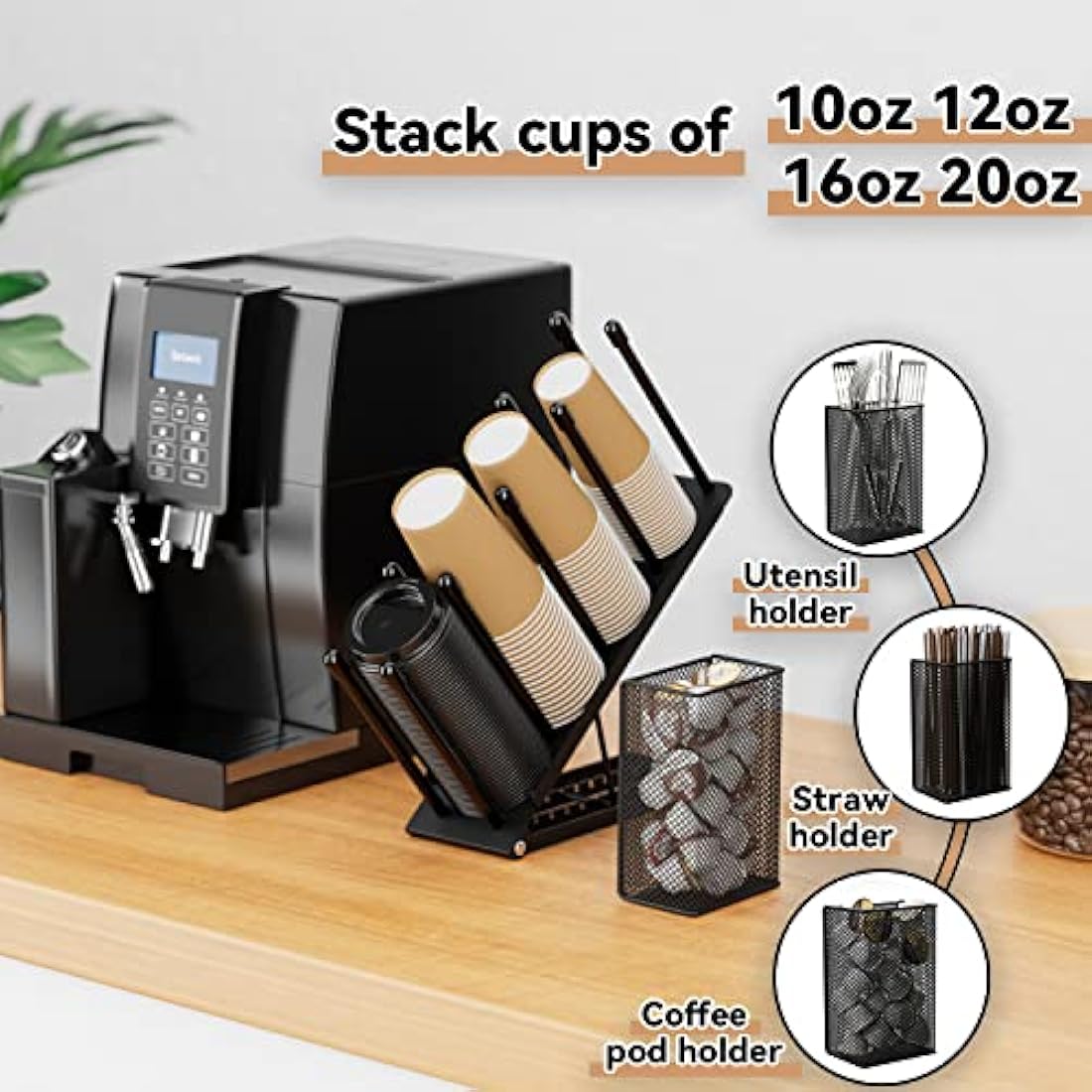 Ovicar Cup and Lid Holder - Adjustable 4 Compartment Disposable Cup Dispenser with Coffee Pod Straw Storage Basket for Bar Countertop Breakroom Metal Black