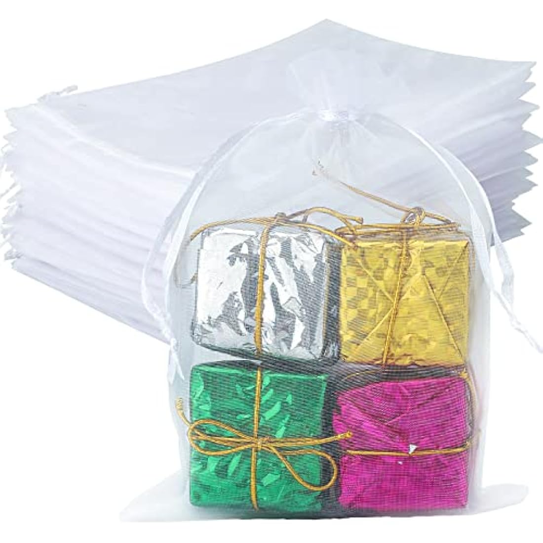 G2PLUS White Organza Gift Bags: 13x18 CM Clear Mesh Pouches, 100 PCS Organza Jewellery Bags, Large Favour Pouches for Wedding, Birthday Party Supplies