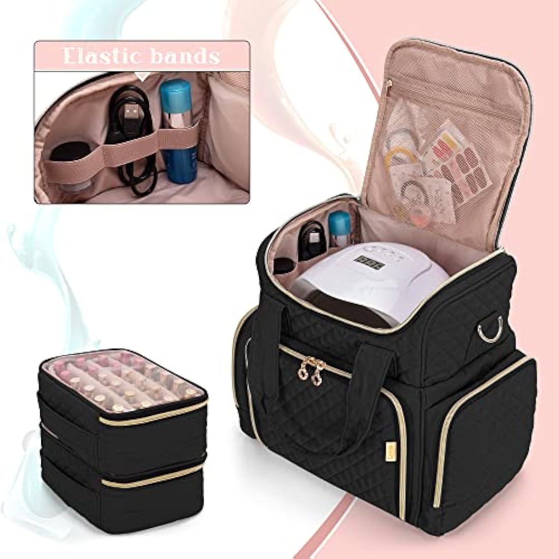Luxja Nail Polish Organiser Hold 48 Bottles and a Nail Lamp, Nail Polish Case with 2 Removable Bags and Tools Storage Pockets (Patented Design), Black