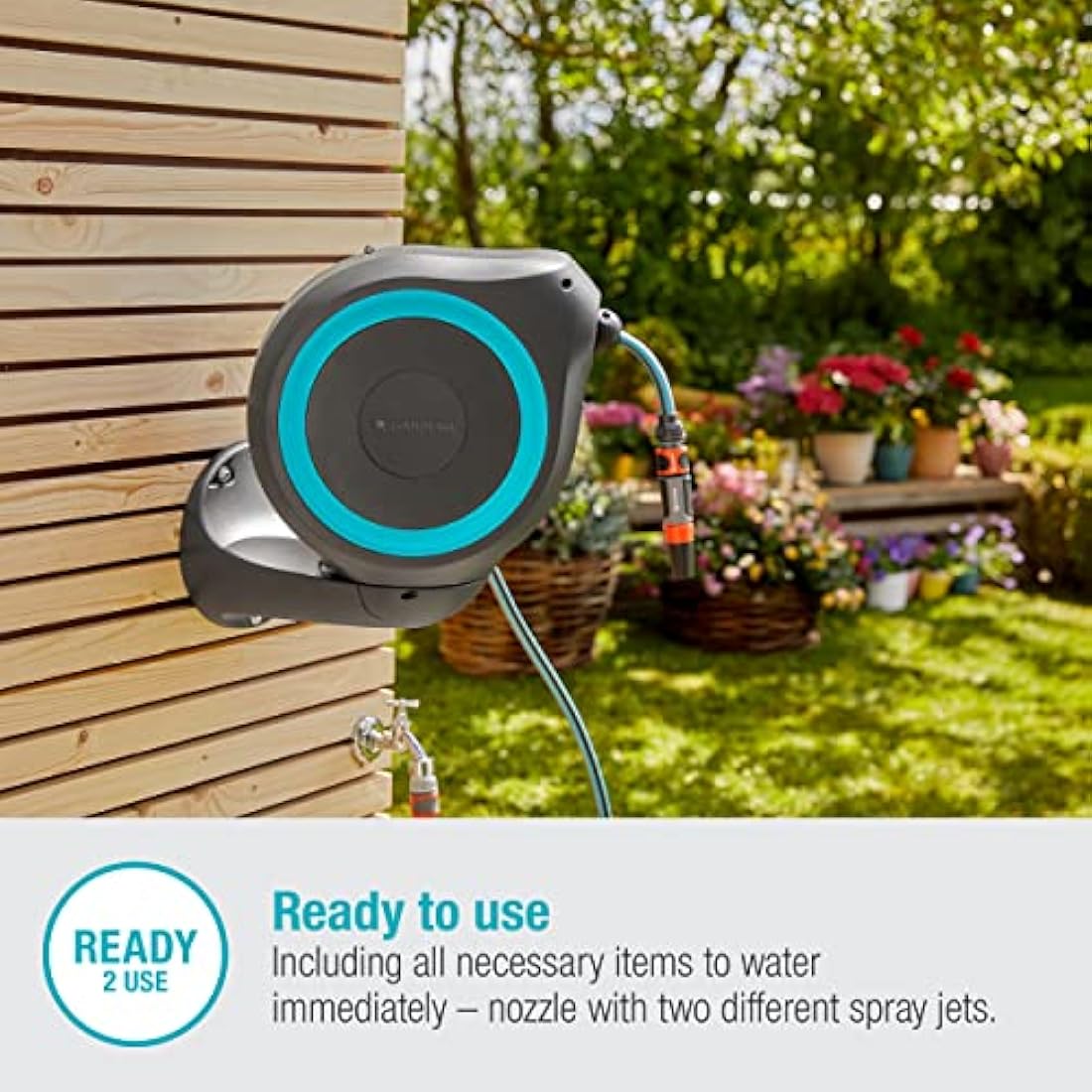 Gardena Wall-Mounted Hose Box Rollup M 20 m: Flexible Watering for Medium-Sized Gardens, Swivel Hose Reel, with Wall Bracket, System Parts and Nozzle, Including 20 m Gardena Hose (18610-20)
