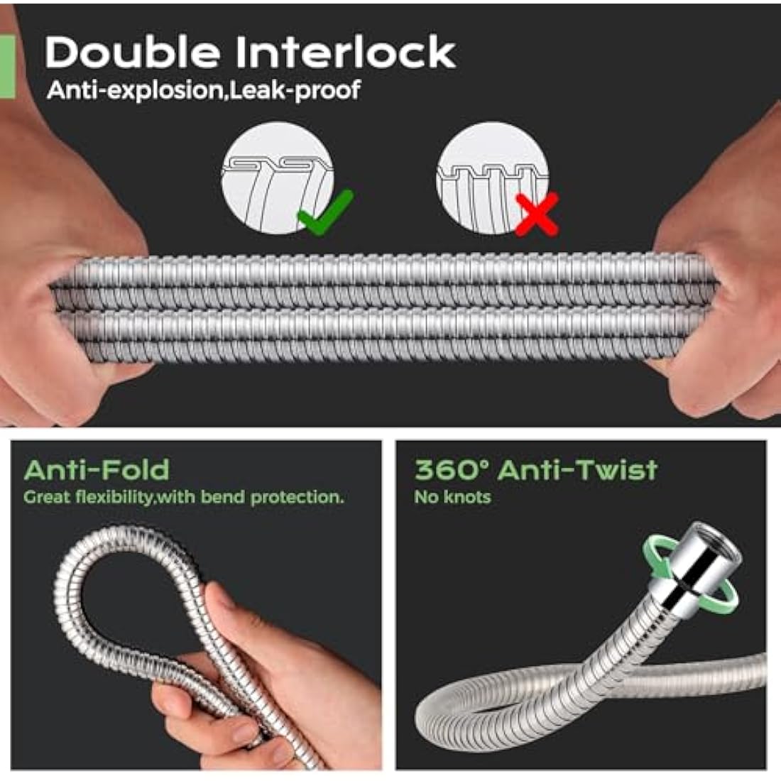 Shower Hose 1.5m - SAMODRA 10mm Large Bore Stainless Steel Shower Hose Replacement Leakproof & Anti-Kink, Chrome