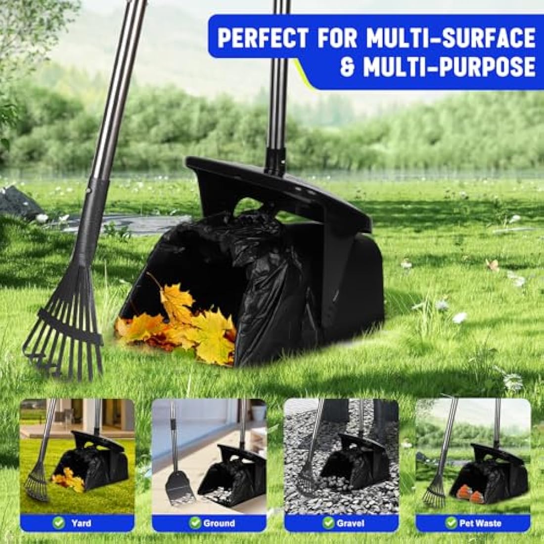 YGNNXRN Dog Poop Scooper with 20 Bag Attachment Long Handle Swivel Bin, Rake & Spade Heavy Duty Easy to Clean Pooper Scooper for Large Medium Dogs Pet Waste Removal Solution for Yard, Grass, Gravel