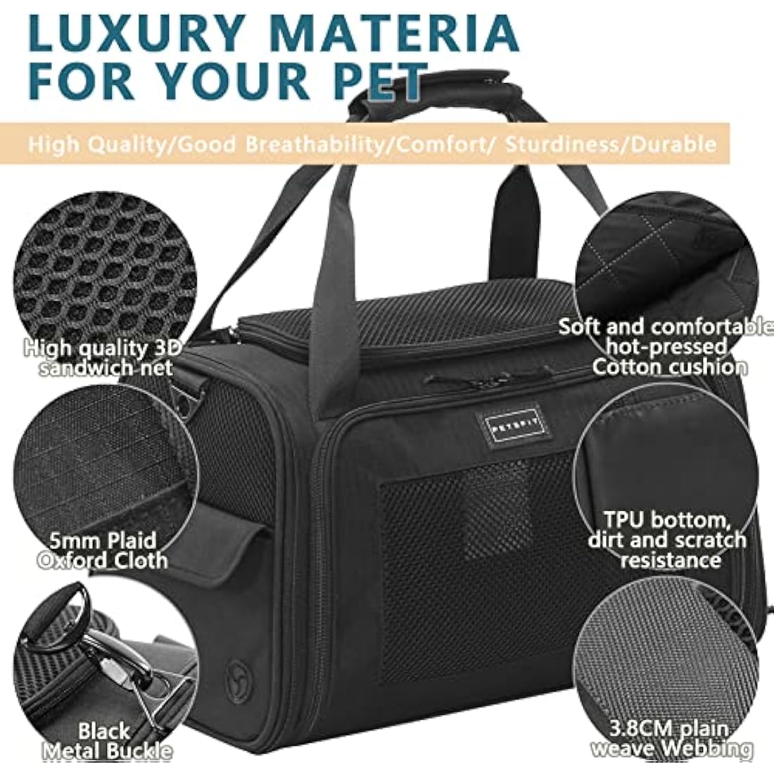 Petsfit Pet Carrier Airline Approve Cat Carrier Soft Sided,Expandable mat and Ventilation Mesh Lightweight Pet Carrier Bag for Cat and Small Dogs, Black