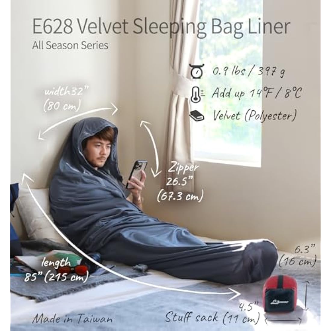 Litume Velvet Sleeping Bag Liner Add Up to 8°C, Anti Static Mummy Style Sleeping Sack Backpacking, Camping, Traveling,Hiking Lightweight Sleep Sack with Drawstring Hood Compact Durable All Seasons
