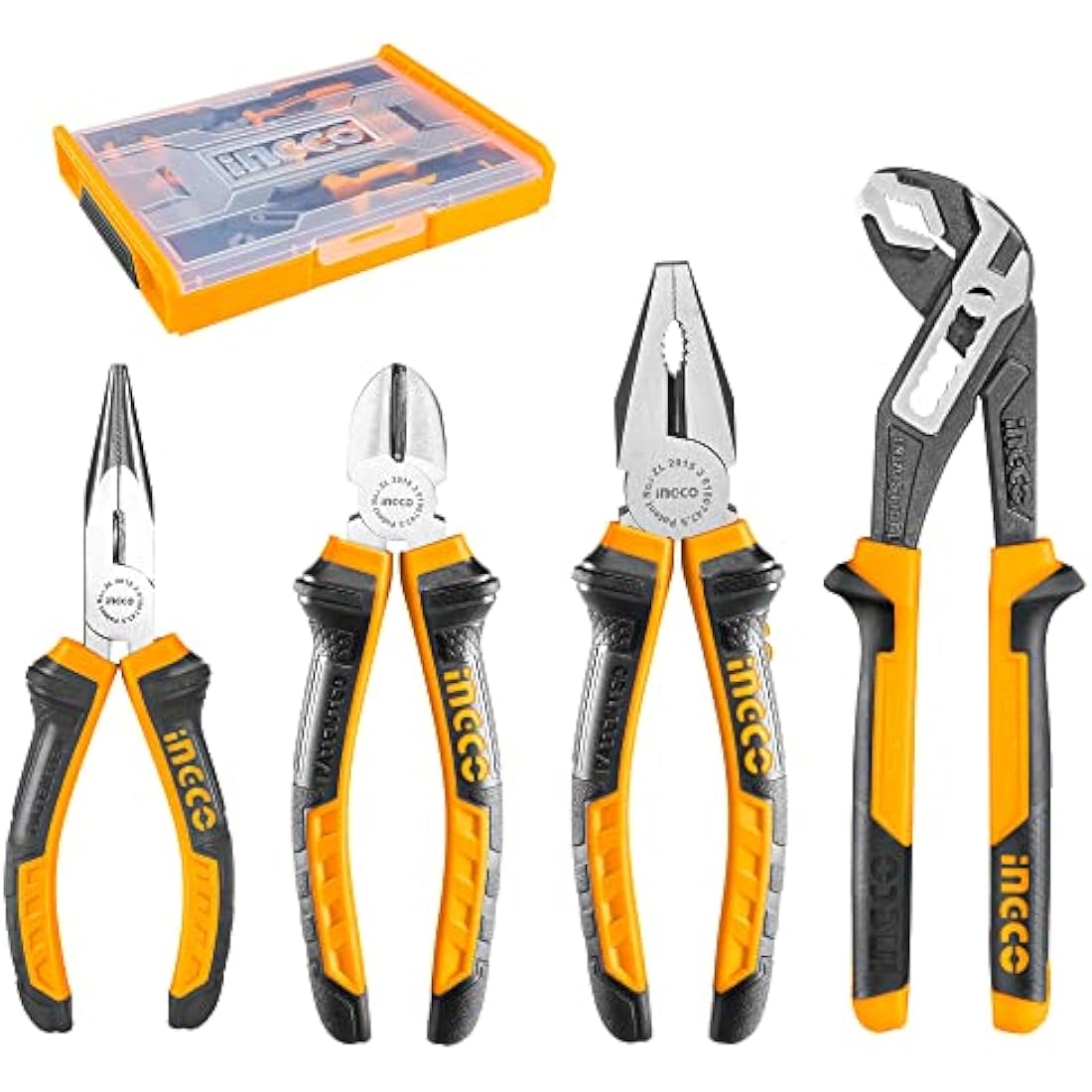 INGCO 4Pcs Pliers Set 8 Inch Combination Plier 7 Inch Diagonal Cutting Plier 6 Inch Long Nose 10 Inch Pump with Stackable Plastic Box HKTV01P041