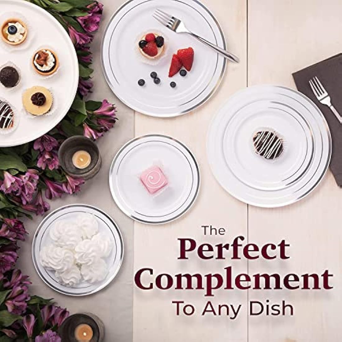 LATERN 60Pcs Multi-Use Silver Plastic Dinnerware Set, 30Pcs 26cm Dinner Plates + 30Pcs 19cm Salad Plates, Reusable Plastic Plates for Wedding Anniversary Garden Dessert Party