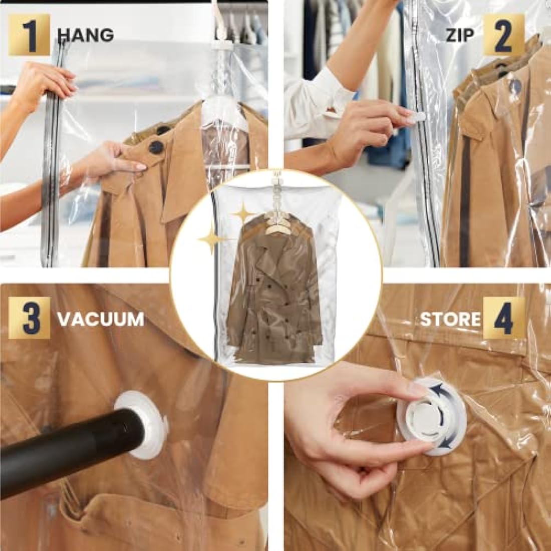 TAILI Hanging Vacuum Storage Bags for Clothes, Coats, 4 Packs (2 Long 135x70CM & 2 Short 105x70CM) Storage Bags Vacuum Pack for Suits, Coats, Jackets or Dresses, Closet Organizer Space Saver Vaccum