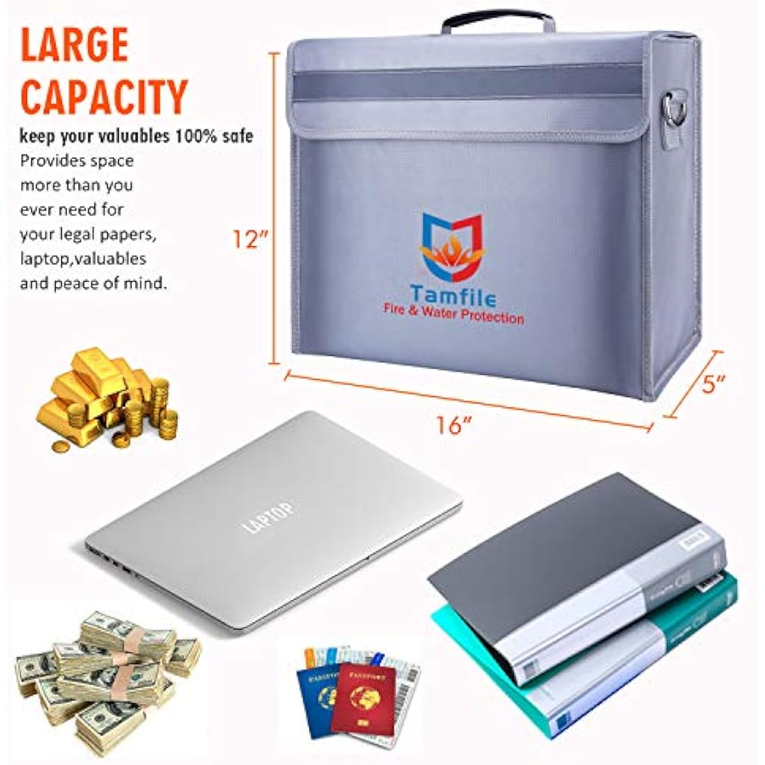 Tamfile 4200℉ Fireproof Document Bag, 16"×12"×5" Large Capacity Water Resistant Document Box A4 with Zipper Upgraded Silicone Coated Fiberglass Fireproof Safety Box for Home, Cash, Valuable, Jewelry