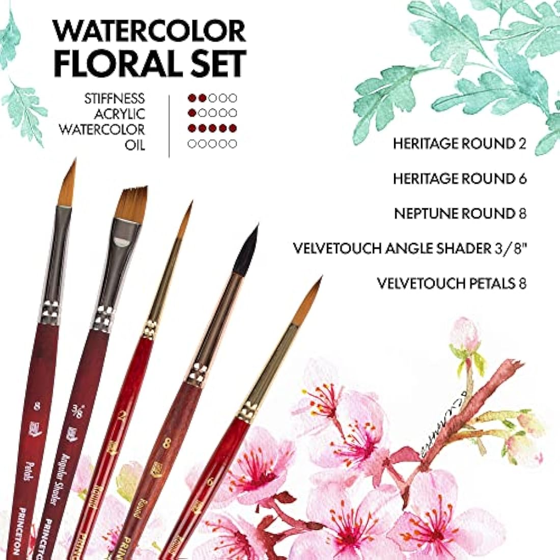 Princeton Watercolour Floral Set, 5 x Mixed Brushes, Watercolour, Short Handle, for Professionals & Students