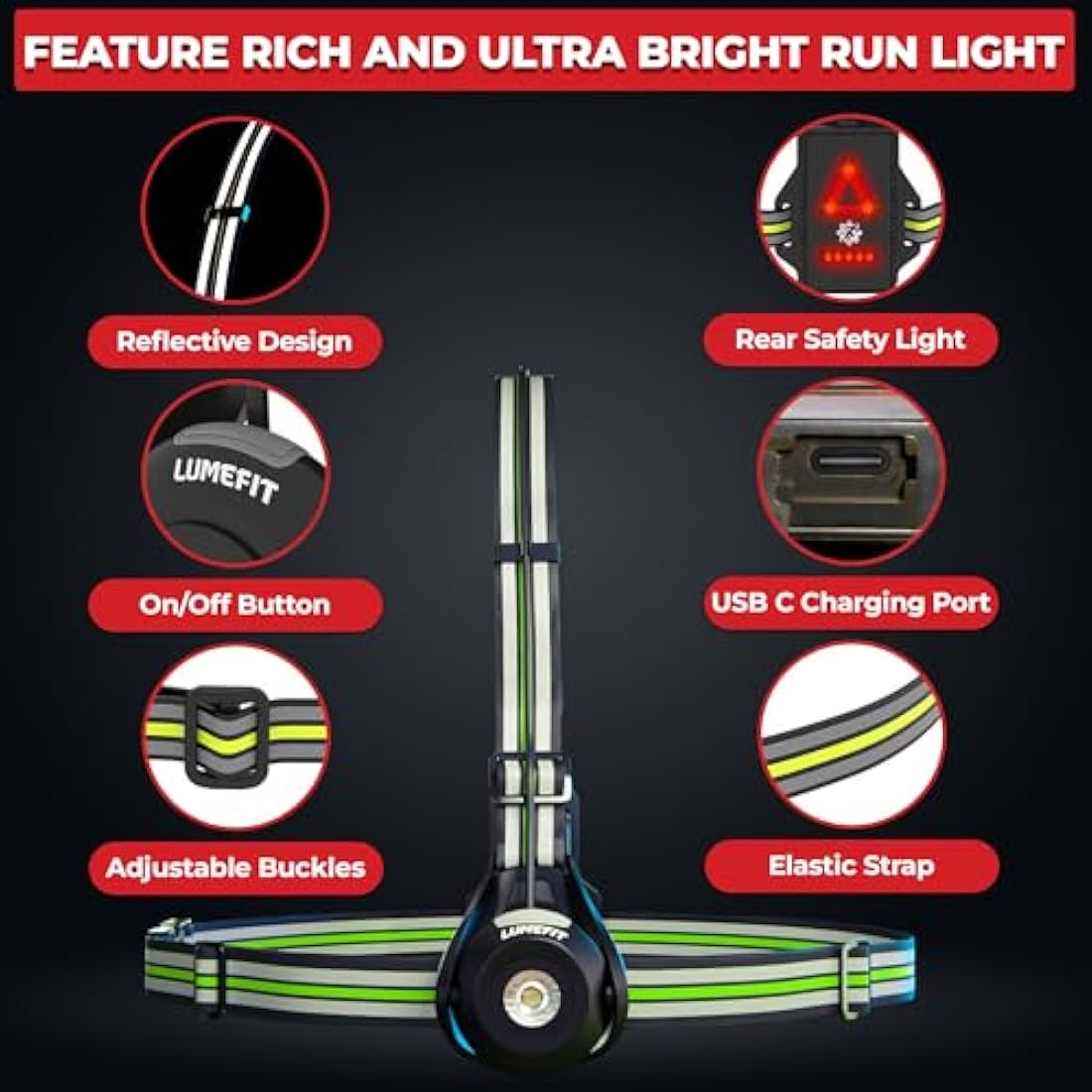 LUMEFIT Run Light Running Lights for Runners Chest LED Lamp 90° Adjustable Beam Angle 500 Lumen 360 Degree Reflective Band USB Rechargeable Front Body Torch Jogging Hiking