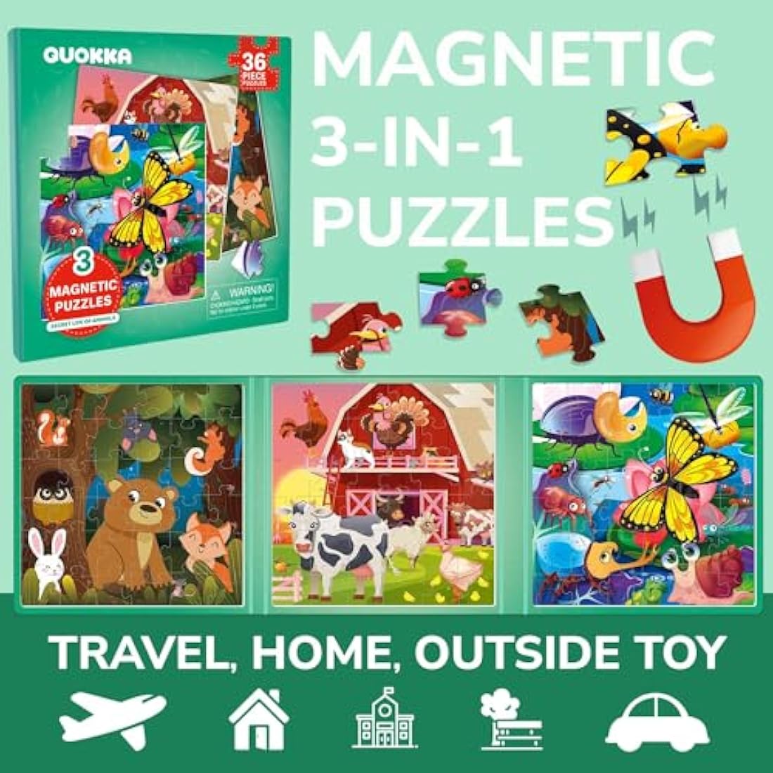 QUOKKA Magnetic Puzzles for 2 3 Year Olds - Travel Games for Kids Age 4 5 - Travel Toys for Toddlers on Plane Car Ride - 36 pc Jigsaw Farm Animals Games For 3 year olds - Plane Activities For Kids