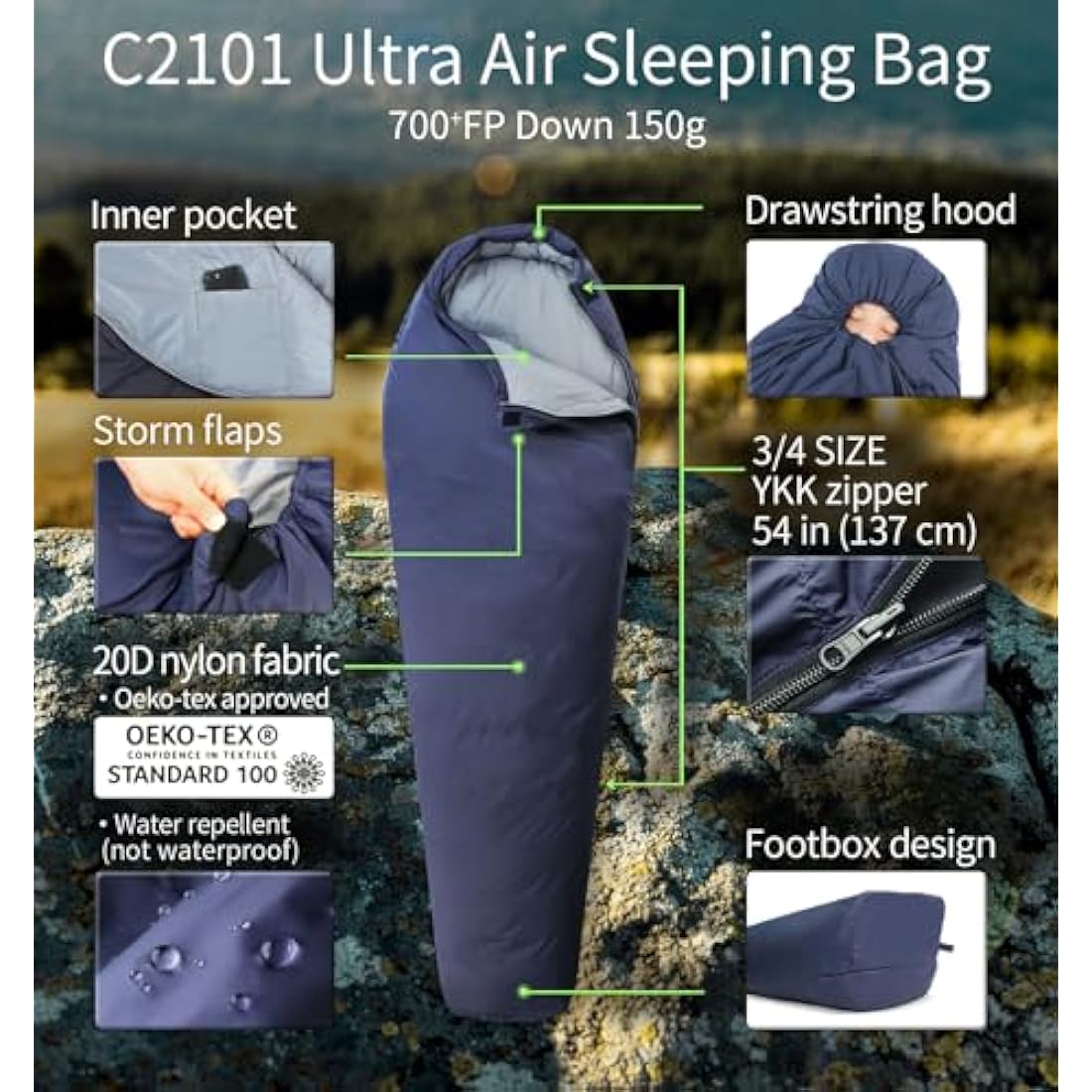 Litume Ultra Compact Sleeping Bag for Summer and 3 season 700+ Fill Power Down, Ultra-Lightweight and PortableMummy Sleeping Bag, 6-20°C/3-15°C Sleep Sack for Hiking Traveling Camping Backpacking