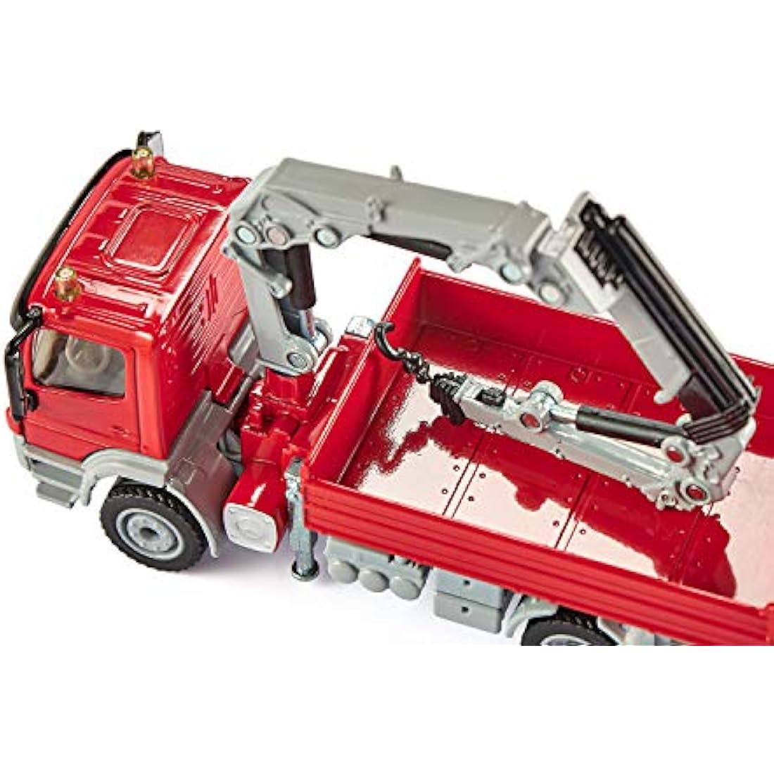 siku 3534, Lorry with Loading Area and Crane, 1:50, Metal,Plastic, Red, Incl. 2 toy figures and 12 traffic barriers