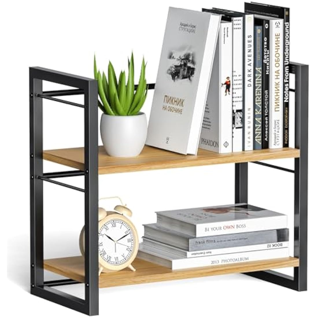 THYGIFTREE Office Desk Shelf Organizer, Wood Desktop Bookshelf Supplies Storage Rack, Shelf for Top of Desk and Dresser (Black)