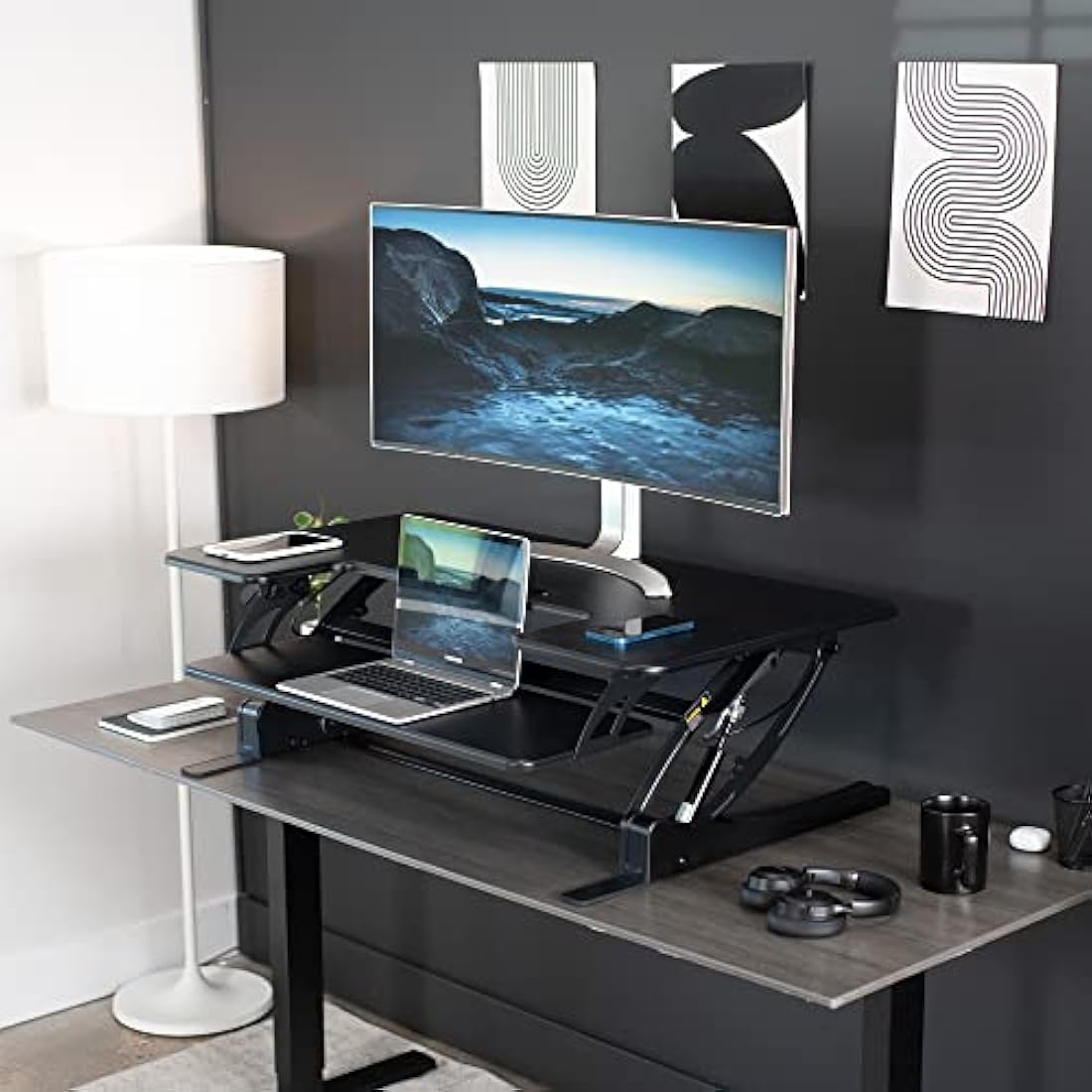 VIVO 107cm Height Adjustable Stand Up Desk Converter, V Series, Quick Sit to Stand Tabletop Dual Monitor Riser Workstation, Black, DESK-V000VL