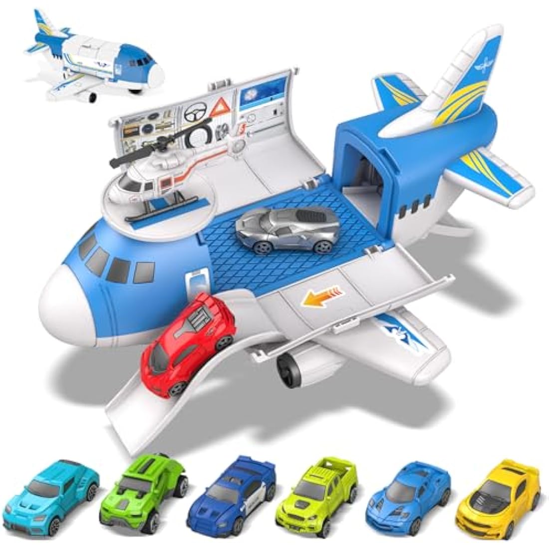 kramow Toy Cars for 3 Year Old Boys, Car Toys Set, Aeroplane Toys, Transport Airplane with 7 Sports Cars, 1 Off-Road Car, 1 Helicopter, Cargo Plane Toy Gifts for Kids Boys Girls age 3 4 5 6