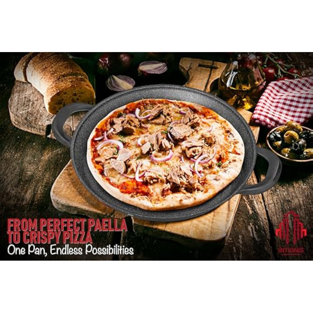 Paella Pan | Glass Lid |Non-Stick | Anti Scratch | Removable Silicone Handles | Ceramic Coating Chemical Free | Induction & Oven Safe | Heavy-Duty | Stainless-Steel Base (Black, 36 CM)