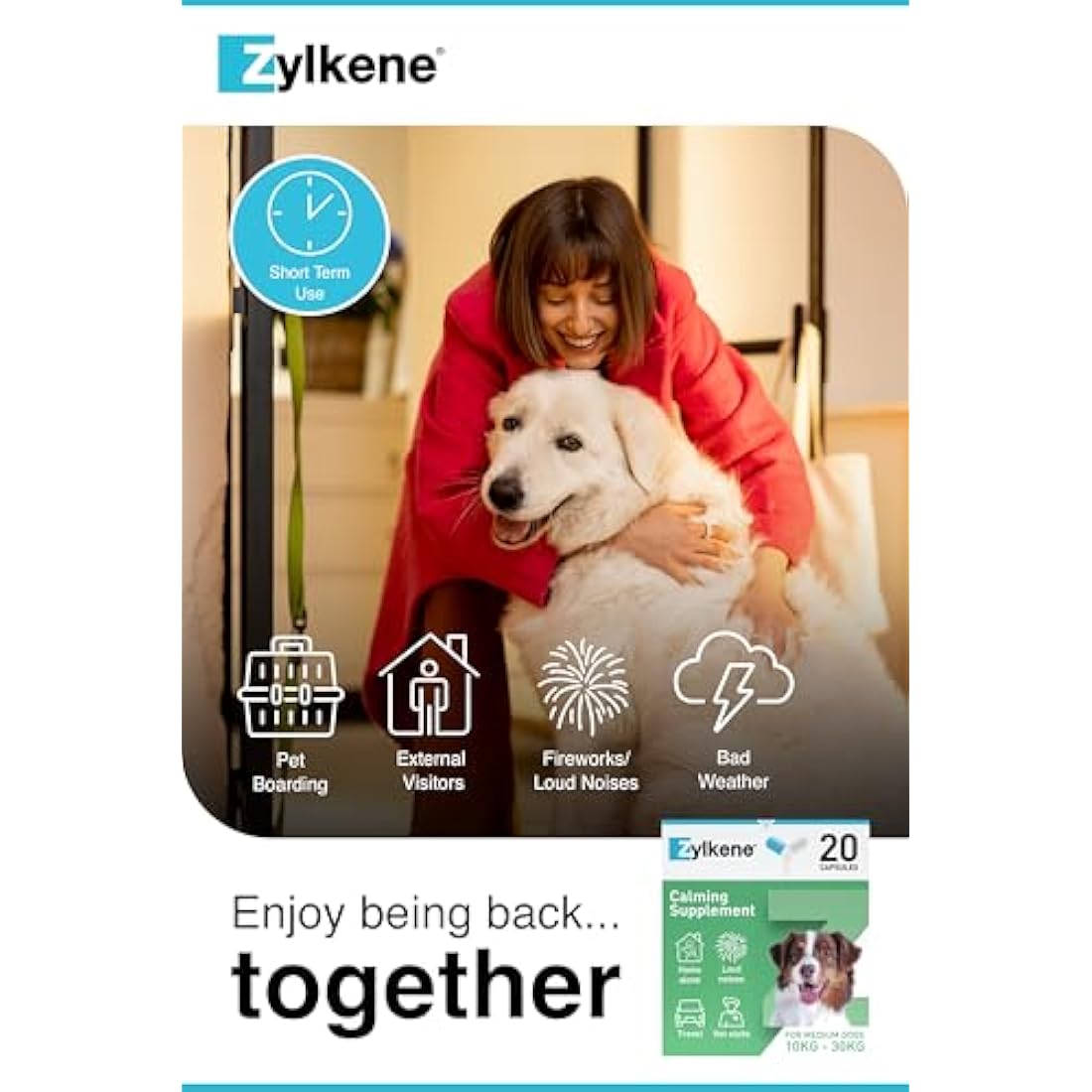 Zylkene Calming Supplements for Medium Dogs (10 to 30kg) 225mg | Promotes Relaxation | Helps Pets cope with short-term challenging situations: Loud Noises | Easily administered | 20 capsules