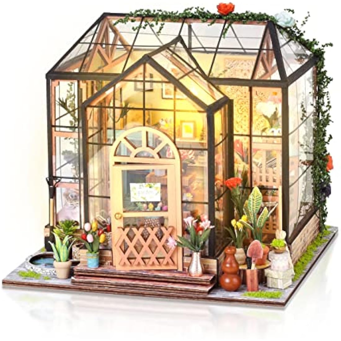 Cuteefun Miniature DIY Dolls House Kit, 1:24 Miniature Greenhouse Craft Kit for Adults, LED Warm Light, Handmade Crafts for Adults Birthday Valentine's Day Father's Day (Flower House)