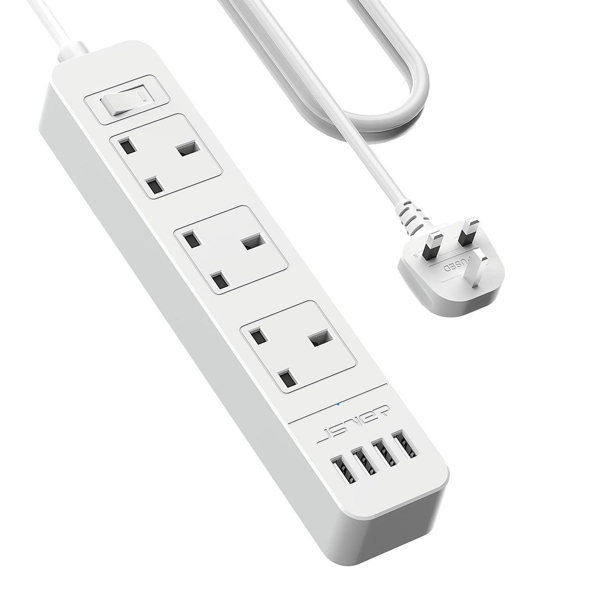 JSVER Extension Lead USB,Power Socket with 3 Outlet 4 USB Charging Station Power Strip 3250W 13A with 3M Power Lead for home and office-White