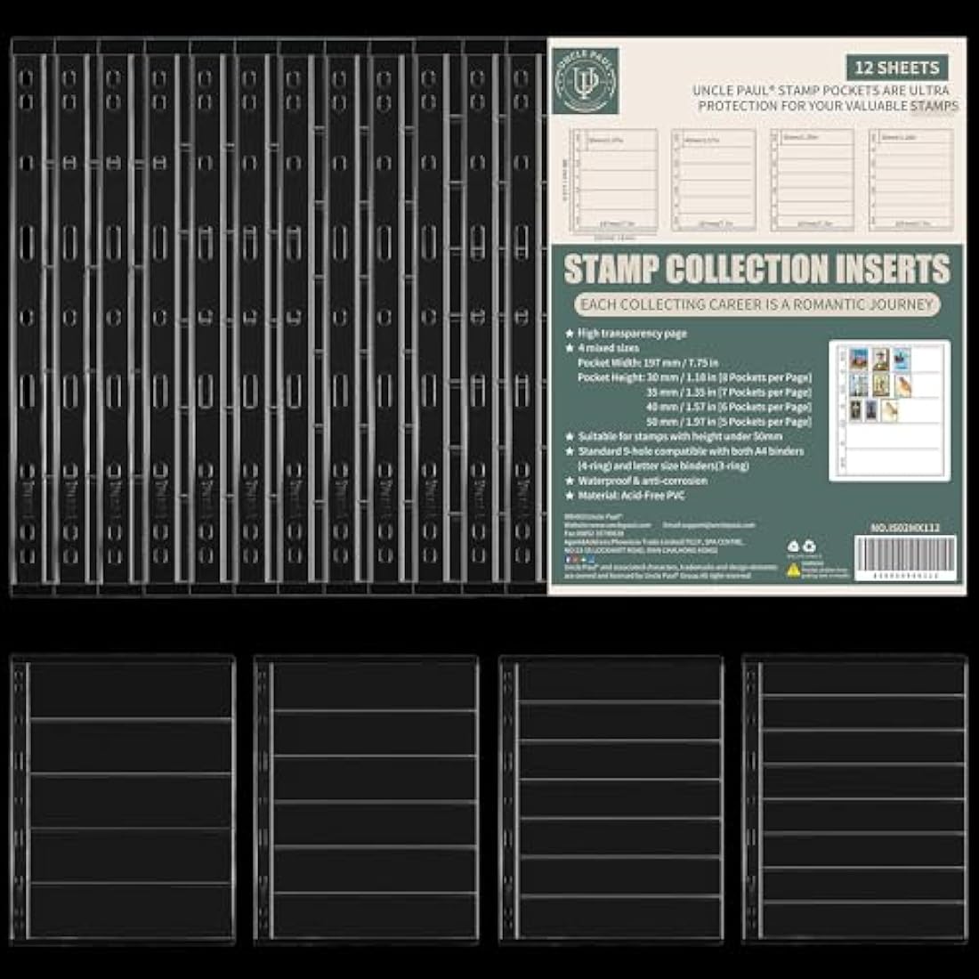 Postage Stamp Pages - 12 Sheets Clear Single-Sided Stamp Sleeves Inserts 5/6/7/8 Rows for Stamp Collection Binder IS02MX112