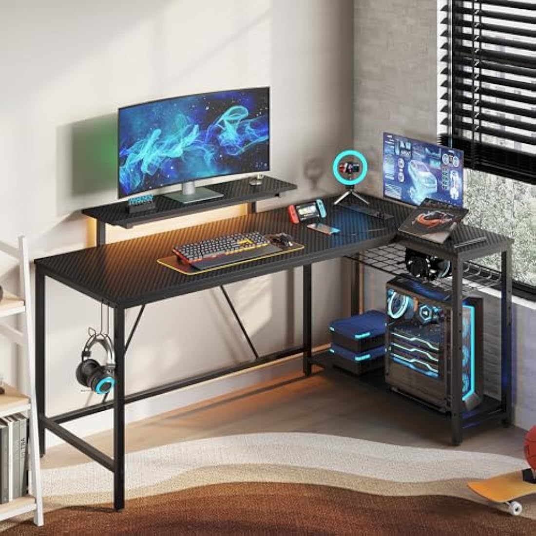 Bestier 147CM L-Shaped Gaming Desk with RGB Lights & Power Outlets, Reversible Corner PC Workstation with Storage & Hooks for Gamers or Home Office