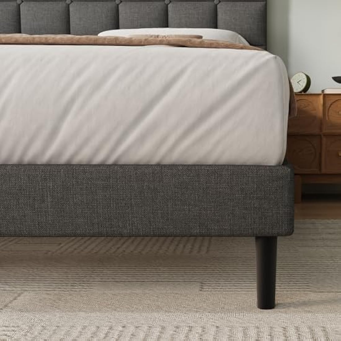 Yocreat Double Bed Frame, Easy Assembly, Sturdy Wooden Slat Support, Upholstered Platform with Headboard, No Box Spring Needed, Gray Double Bed 135×190