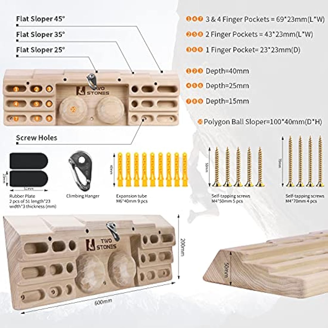 TWO STONES Climbing Training Rock Climbing Hangboard Home Equipment for Finger Strength & Fitness Climbing Hang Board Door Mounted Training Station for Climbers (CJ-HB2051)