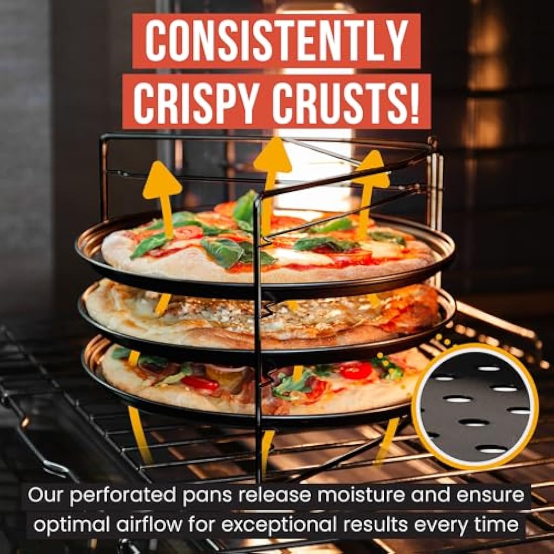 Chef Pomodoro Pizza Baking Set with 3 Pizza Pans and Pizza Rack, (33 cm Pans), Non-Stick Perforated Pizza Trays for Oven, Pizza Pan with Holes for Oven, Barbeque, Bakeware