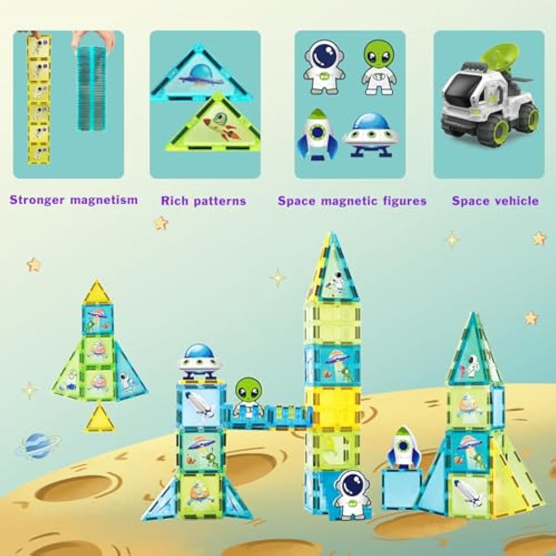 BUBUQE Magnetic Tiles Building Block Set Magnet Tiles Educational Toy Space Adventure Learning Construction Magnetic Toys Set Birthday Gift for Boys Girls Kids Age 3 4 5 6 7 8