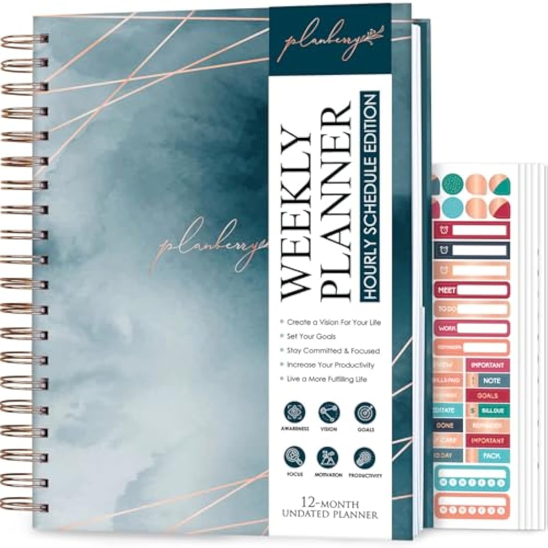 PLANBERRY Large Hourly Schedule Planner Premium – Undated Hourly Schedule & Budget Organizer for Time Management – Productivity Journal with Habit Tracker – 20 x 27cm Hardcover (Ocean Depths)