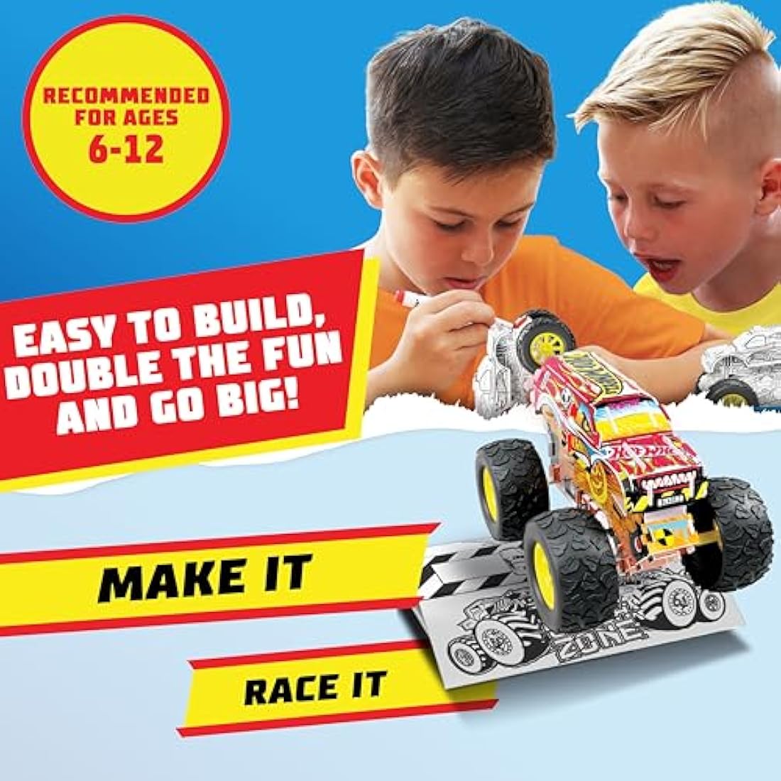 BLADEZ Hot Wheels Toyz Make Your Own Monster Truck - Art Set For Kids 6-12 with Markers & Stunt Ramp - Hotwheels Kit for Play - Kids Colouring Sets & STEM Learning - Customizable & Eco-Friendly