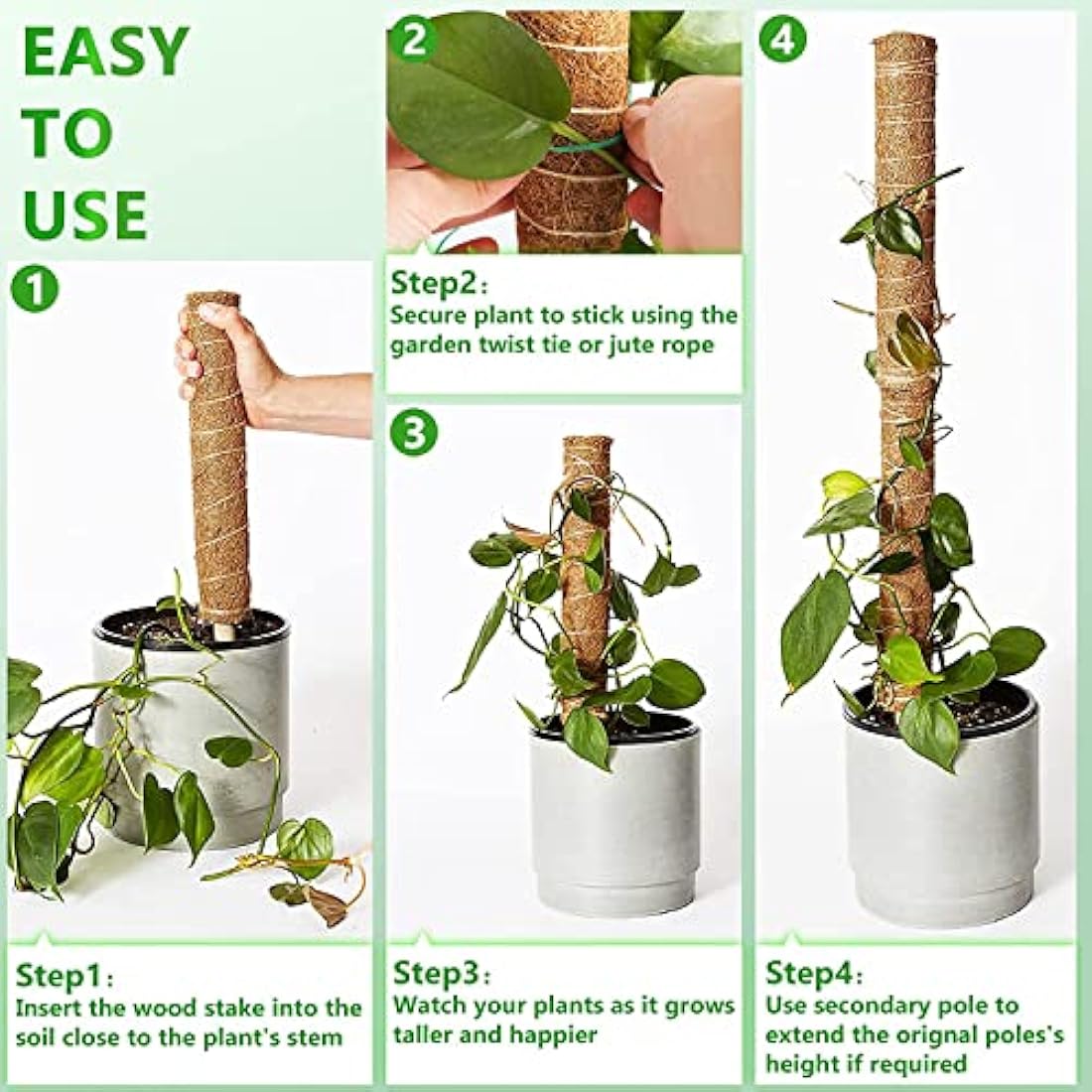 Moss Pole 56 Inch 142cm, 4 Pcs Moss Pole for Monstera, 45cm Coir Totem Pole Moss Stick for Climbing Plants Indoor Monstera Support Extension, Train Potted Creepers to Grow Upwards, 65 Feet Twist Tie