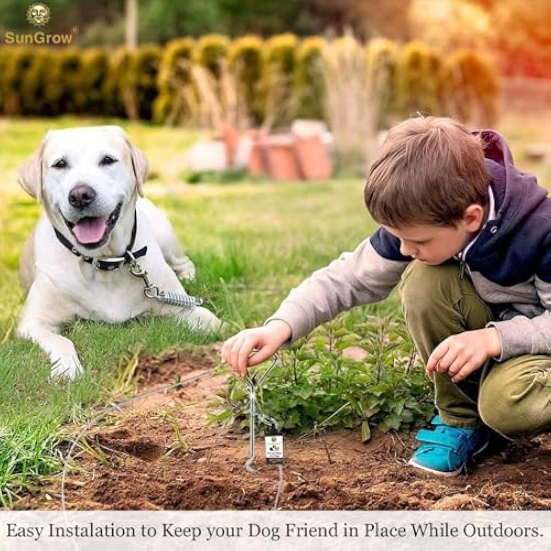 SunGrow Heavy-Duty Steel Dog Tie-Out Cable and Stake, Spiral Ground Anchor Spike with 360° Rotating Ring, Dog Tether Travel Accessories, Outdoor Yard Camping Accessories for Dogs up to 80 Pounds