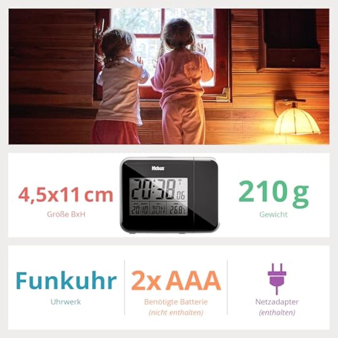 Mebus 42425 Radio Alarm Clock with Projection and Thermometer Plastic Normal Black