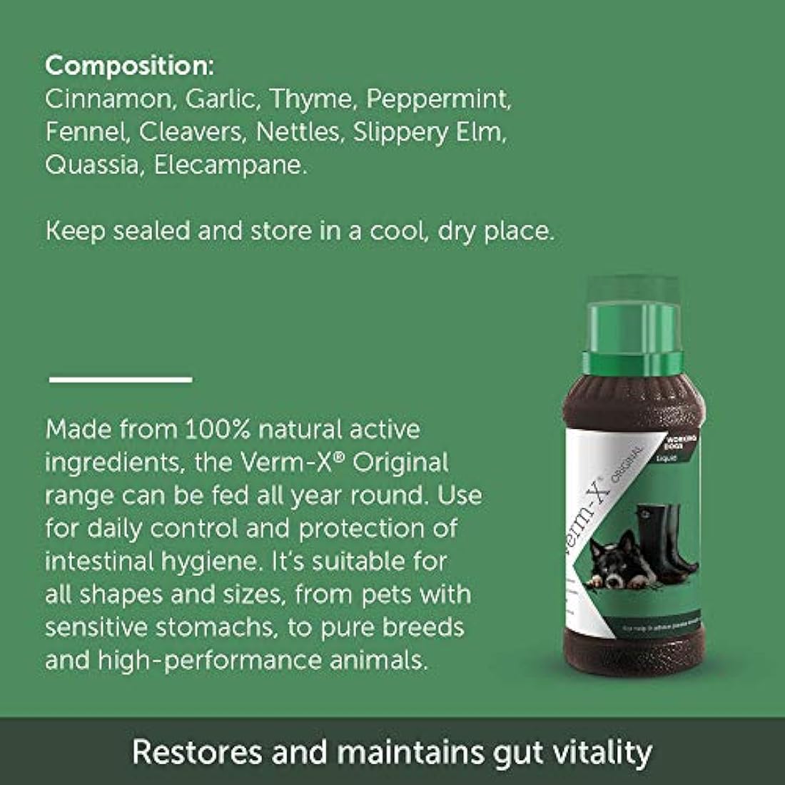 Verm-X All Natural Liquid for all Dogs. Supports  Intestinal Hygiene. Vet Approved. UFAS Assured.  Restores and Maintains Gut Vitality. Wormwood Free Recipe.