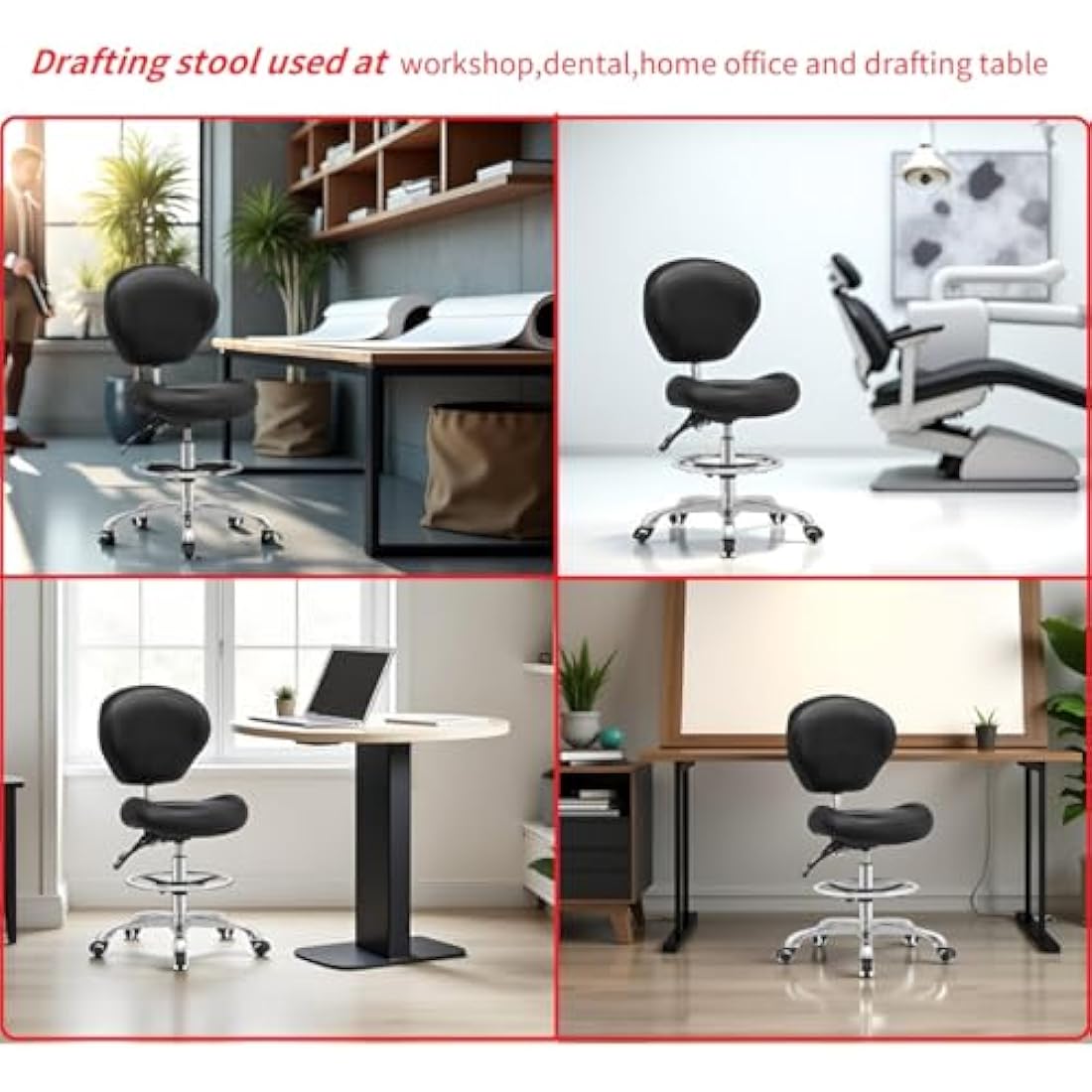 Kaleurrier Adjustable Stools Drafting Chair with Backrest & Foot Rest,Tilt Back,Peneumatic Lifting Height,Swivel Seat,Rolling wheels,for Studio,Dental,Office,Home Desk Chairs (Black)