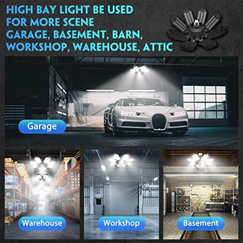 DEEIRAO LED Garage Ceiling Light, 260W 26000LM 6500K Deformable with 8+1 Adjustable Panels Commercia Bay Lamp for E26/E27 Screw Socket,Basement,Barn,Workshop,Attic (2 Packs)