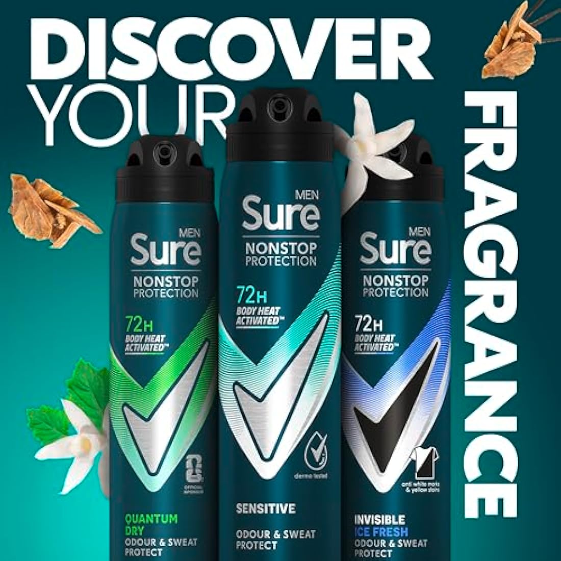 Sure Men Nonstop Protection Sensitive Anti-Perspirant Aerosol Men's Deodorant Spray with Body Heat Activated technology and a clean fragrance for 72 hour odour and sweat protection 6x 250 ml