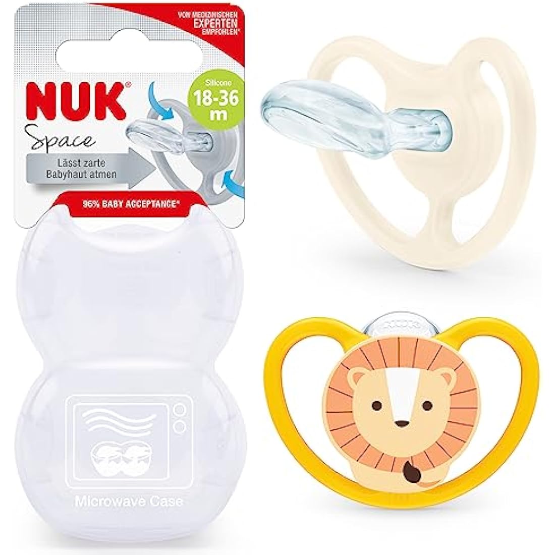 NUK Space Baby Dummy | 18-36 Months | Soothers with Extra Ventilation for Sensitive Skin | BPA-Free Silicone | Lion & Sun | 2 Count