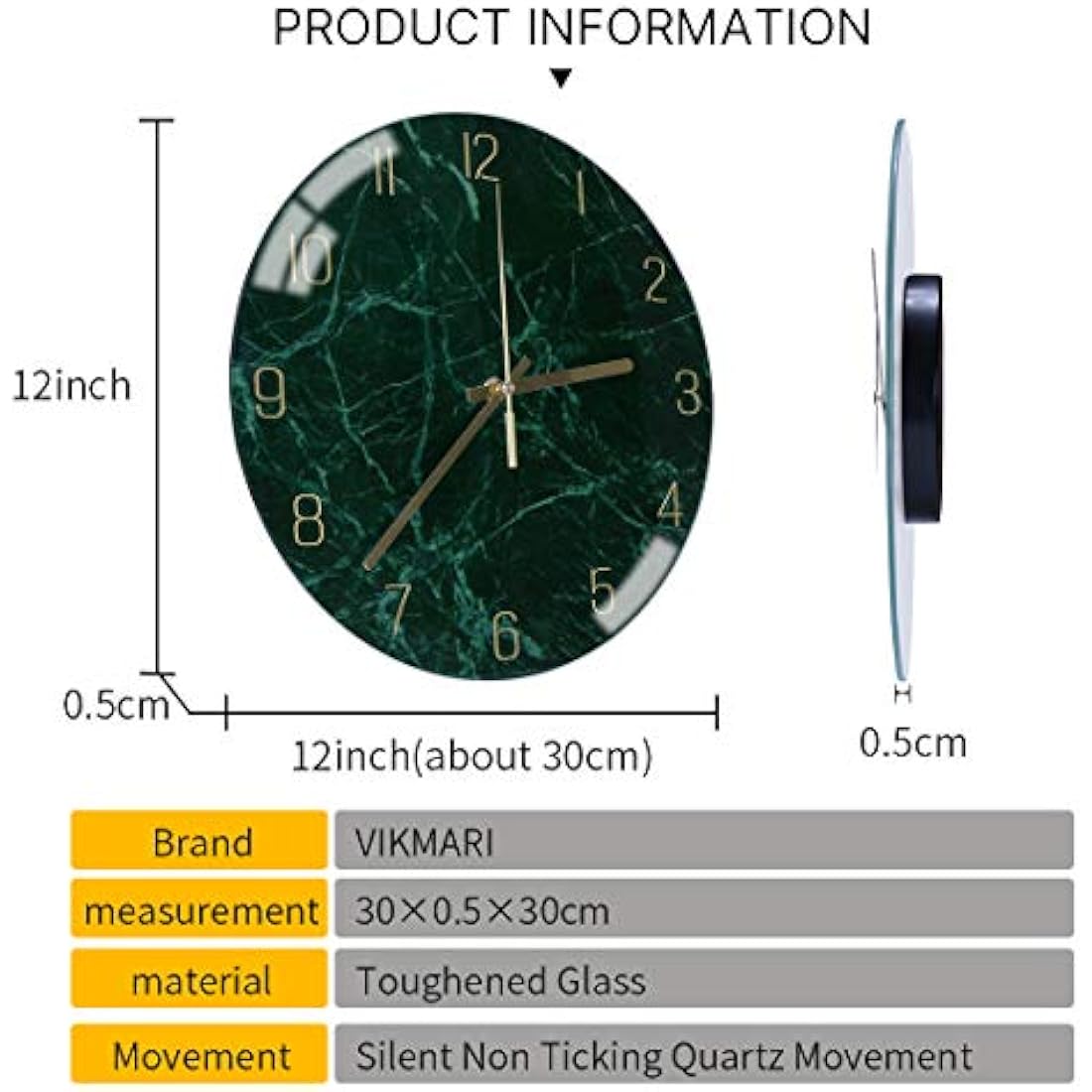 VIKMARI Glass Wall Clock Silent Non Ticking Wall Clocks- 12 Inch Quality Quartz Battery Operated Round Easy to Read Home/Office/Classroom/School Clock (Dark Green)